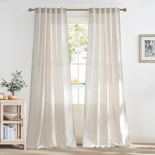 NICETOWN Linen Curtains Back Tab 90 Inch Long 2 Panels Set for Living Room, 42" Wide Thick Flax Linen Blend Privacy Window Drapes Rod Pocket & Back Tab with Light Filtering for Bedroom