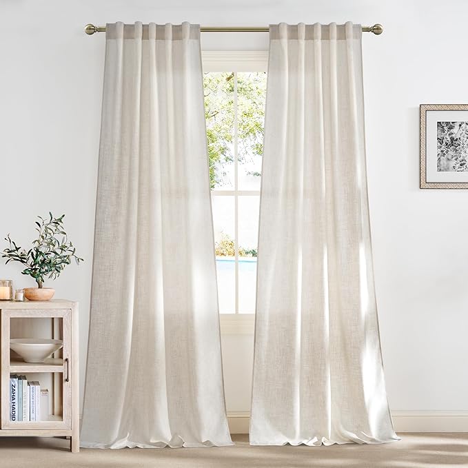 NICETOWN Linen Window Curtains 96 Inch Long 2 Panels Set for Farmhouse, 42" Wide Thick Flax Linen Blend Privacy Drapes Rod Pocket & Back Tab with Light Filtering for Bedroom/Kitchen