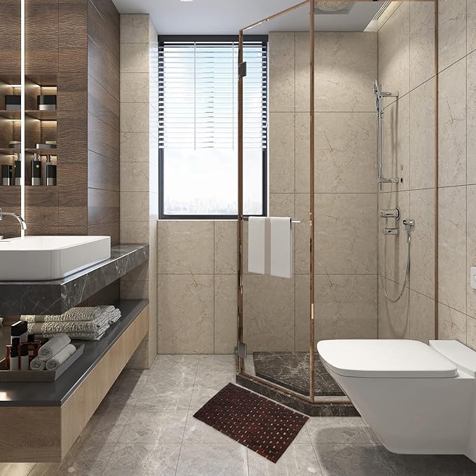 Bath Mat Bathroom Rugs Floor Wood Shower Bathtub Waterproof Non Slip Accessories 16x24 Inch Easy to Clean, Brown, 1 pc