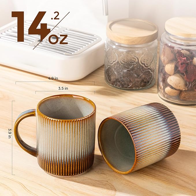 theterra Ceramic Coffee Mugs Set of 6, 14.2oz Handmade Coffee Cups with Handle for Latte, Tea, Milk, Beer, Hot Cocoa, Dusk Blue