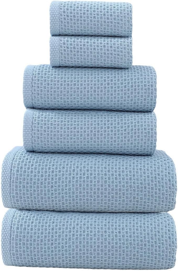 SK Studio 6 Piece Bath Towels Set, Cotton Hotel Large Waffle Bath Towels Absorbent Quick Dry with 2 Bath Towels, 2 Hand Towels, 2 Washcloths for Bathroom Spa, Blue