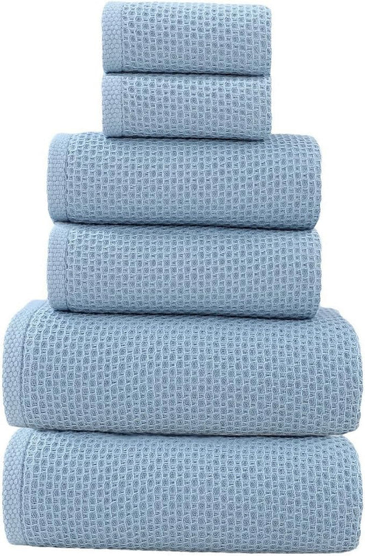 SK Studio 6 Piece Bath Towels Set, Cotton Hotel Large Waffle Bath Towels Absorbent Quick Dry with 2 Bath Towels, 2 Hand Towels, 2 Washcloths for Bathroom Spa, Blue
