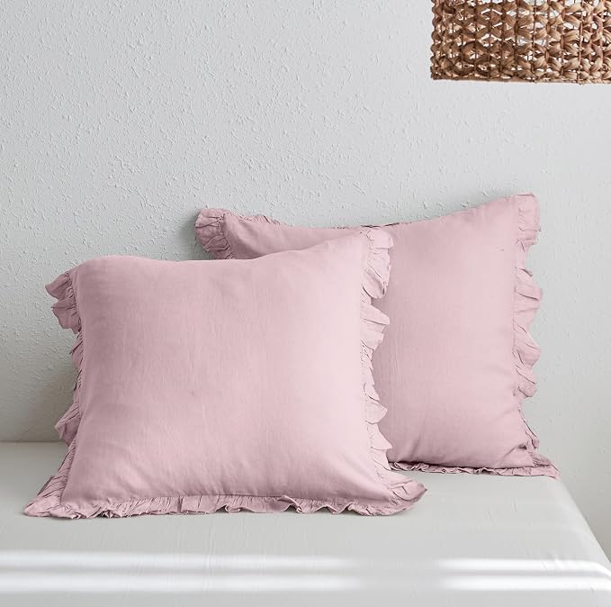 Simple&Opulence 100% Linen Euro Sham Covers with Ruffle, 26x26 Inch Pillow Covers Set of 2, Euro Pillow Shams for Bed Couch French Home Decor Luxury and Breathable Square Pillow Cases, Blush Pink