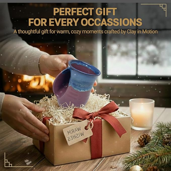 Clay in Motion Hand Warmer Coffee Mug – Handmade Coffee Mug With Comfortable Handle Contoured Pocket Hand Warming Ceramic Coffee Mug – Proudly Made in USA – Left Handed – 14 Oz - Purple Passion