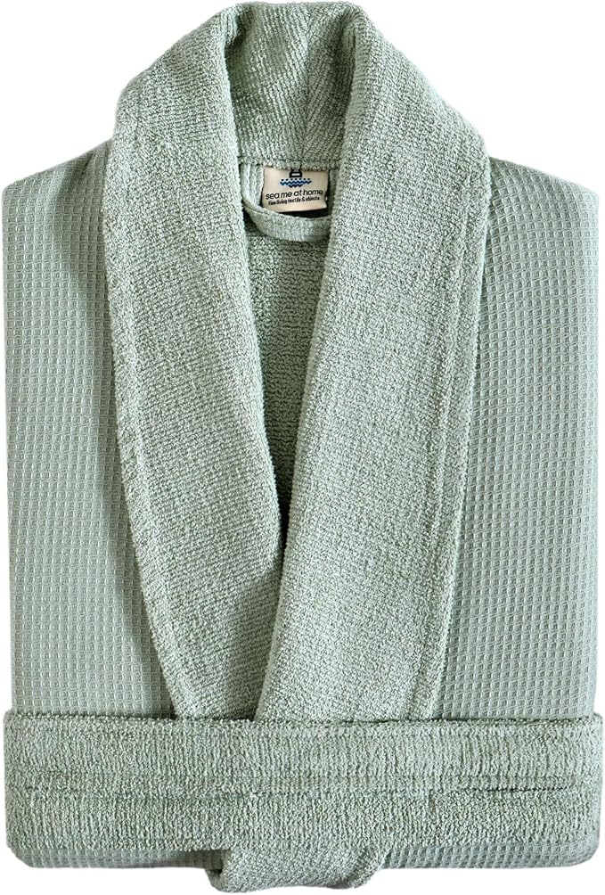 sea me at home Turkish Cotton Waffle Bathrobe, Luxury Spa Hotel Shawl Collar Robe for Women & Men, Plush Terry Inside
