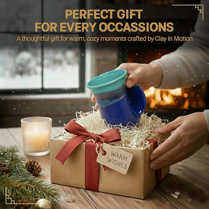 Clay in Motion Hand Warmer Coffee Mug – Handmade Coffee Mug With Comfortable Handle Contoured Pocket Hand Warming Ceramic Coffee Mug – Proudly Made in USA – Right Handed – 14 Oz - Mystic Waters