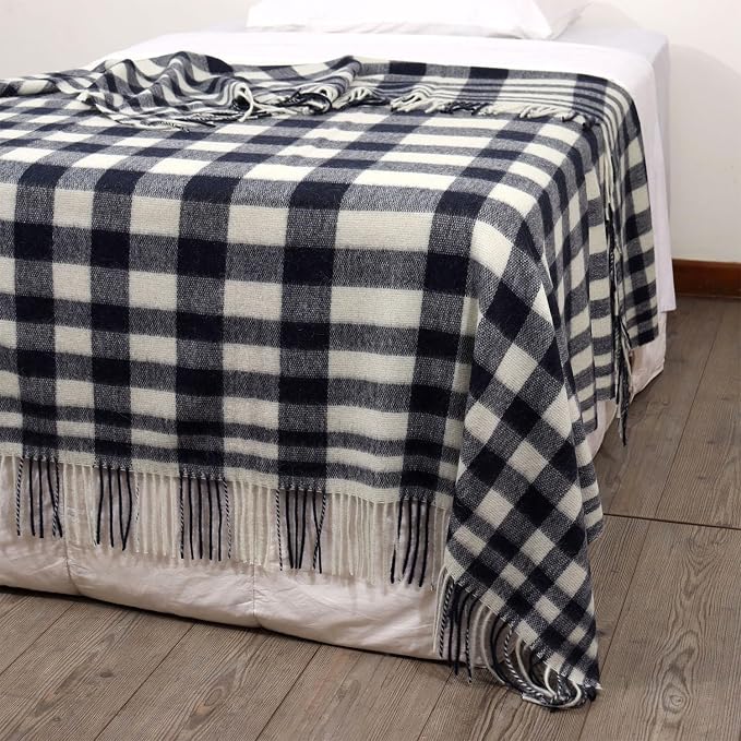 Superfine Alpaca Wool Throw Blanket - Lightweight Alpaca Merino Wool Throw Blankets | Soft Peruvian Alpaca Blanket Wool Blanket Scottish Design 70" x 60" (Black/White)