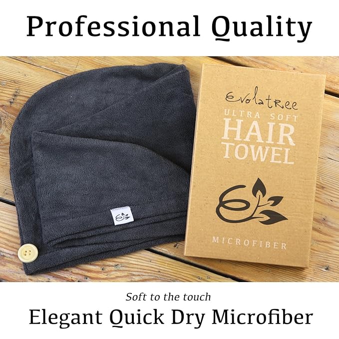 Evolatree Microfiber Hair Towel Wrap for Women – Quick-Dry Anti-Frizz Hair Turban with Wooden Button, Designed in Canada for Mindful Hair Care – Raven Dark Gray