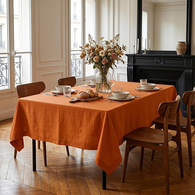 Solino Home Linen Tablecloth 60 x 120 Inch - 100% Pure Linen Persimmon Orange Table Cloth for Rectangle Tables - Fete, Machine Washable Tablecloth for Summer