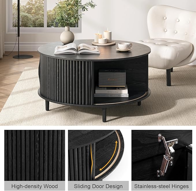 JOINICE 31.5" Round Coffee Table with Storage for Living Room, Black | Hidden Storage,Fluted Sliding Door,Modern Center Table for Small Apartments,Solid Wood Legs,Easy Assembly,Up to 110 lbs