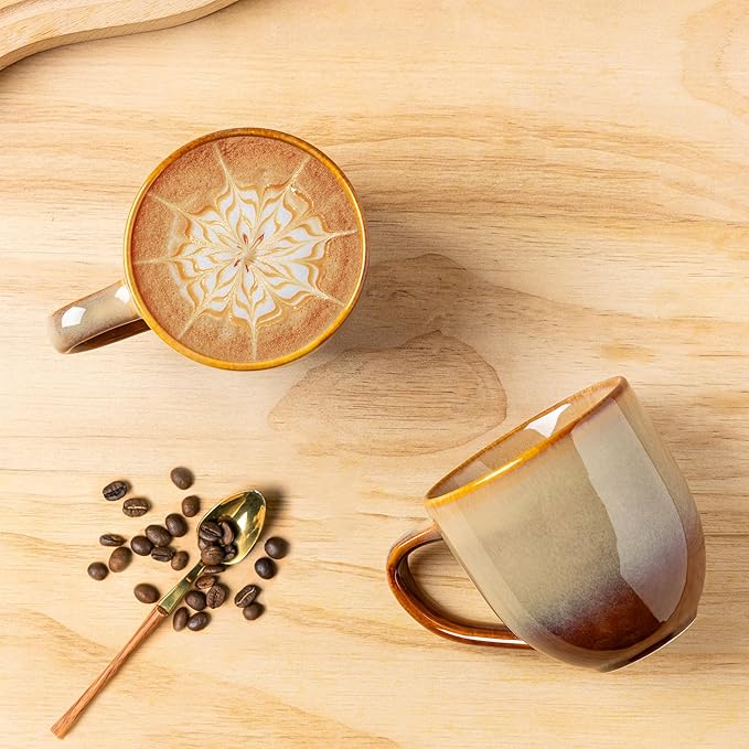 theterra Ceramic Coffee Mugs Set of 6, 12oz Handmade Coffee Cups with Handle for Latte, Tea, Milk, Beer, Hot Cocoa, Creamy Amber