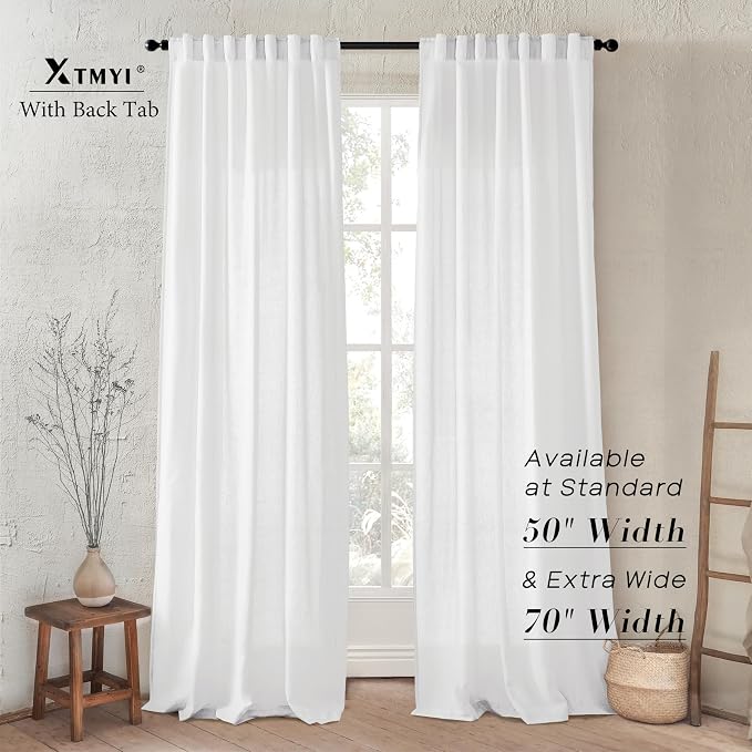 XTMYI White Curtains 84 Inches Long,Linen Semi Sheer Boho Light Filtering Textured Farmhouse Cotton Curtains for Bedroom Living Room 2 Panels Set,Back Tab Hooks Pleated