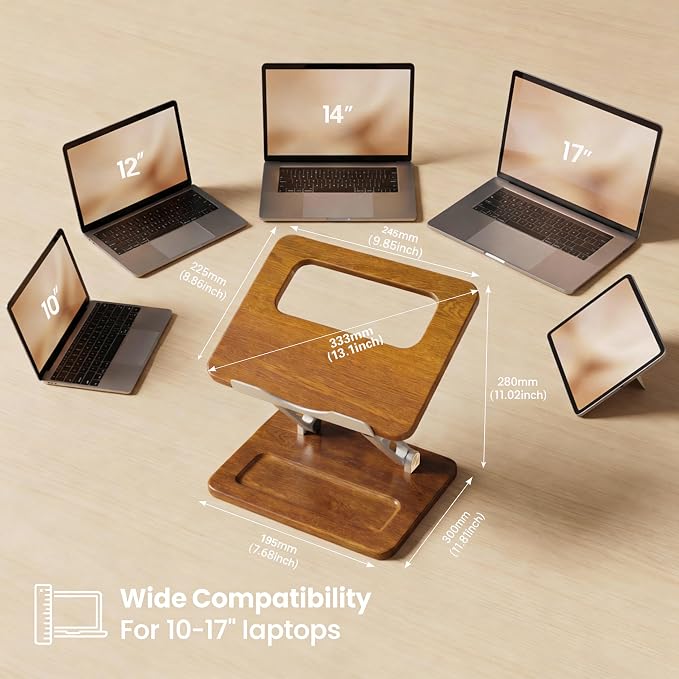 Wooden Laptop Stand with Storage Slot, Ergonomic Adjustable Height & Angle, Ventilated Cooling Design, Foldable for 10-17 Inch Laptops & Tablets