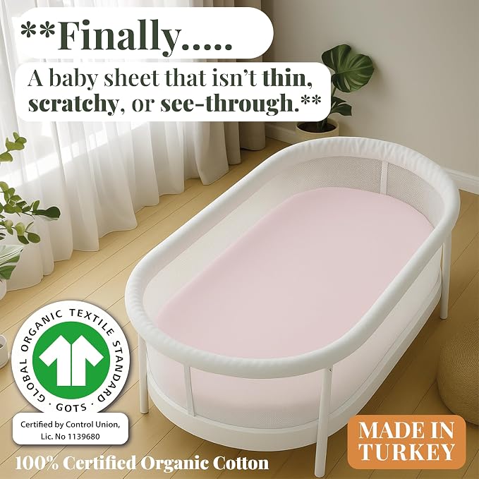Bassinet Sheets 15x33 inches, GOTS Certified 100% Organic Cotton - Premium Weight Turkish Cotton Fitted Mattress Cover,Unisex Newborn Essentials for Oval or Rectangle Bassinet Bed Pads