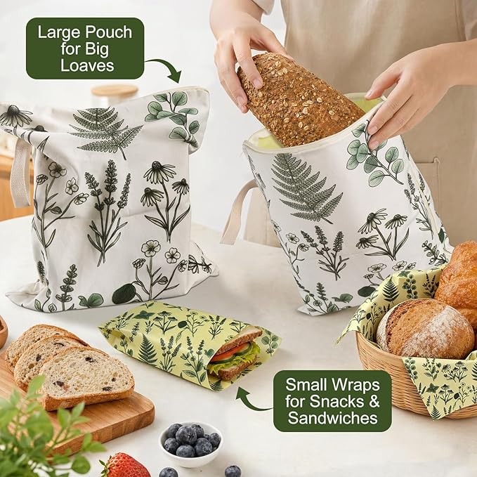 Reusable Beeswax Bread Bags & Wraps Set - 2 XL Sourdough Bags (17“x13") with Wide Zipper & Handle - 3 Beeswax Wraps for food, Cheese, Fruit, Veggie - Breathable Bread Storage, 5 Pack