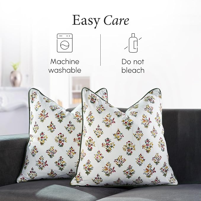 CPC 100% Cotton Throw Pillow Covers 24x24 Inch, Set of 2 Green Block Print Pattern Couch Pillow, Cute Boho Decorative Pillows for Living Room, Bedroom with Hidden Zipper- Fall Green