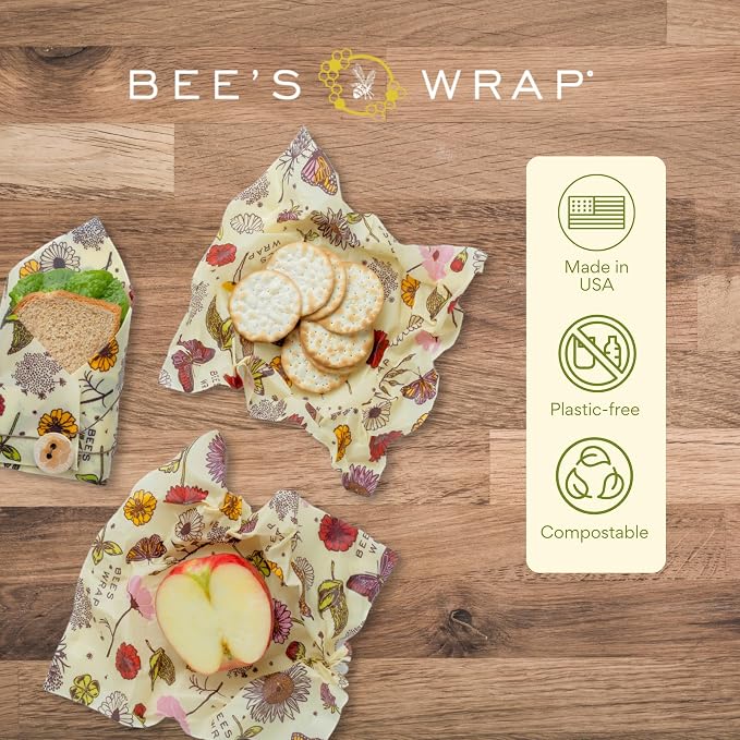 Bee's Wrap Beeswax Wraps for Food - 3 Pack of Assorted Beeswax Wraps - Small, Medium & Large Wrap - Plastic Free Made in USA Reusable Natural Food Wrap - Meadow Magic Print