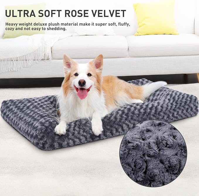 KSIIA Washable Dog Bed Deluxe Plush Dog Crate Beds Comfy Kennel Pad Anti-Slip Pet Sleeping Mat for Large, Jumbo, Medium, Small Dogs Breeds, 53" x 36", Dark Grey