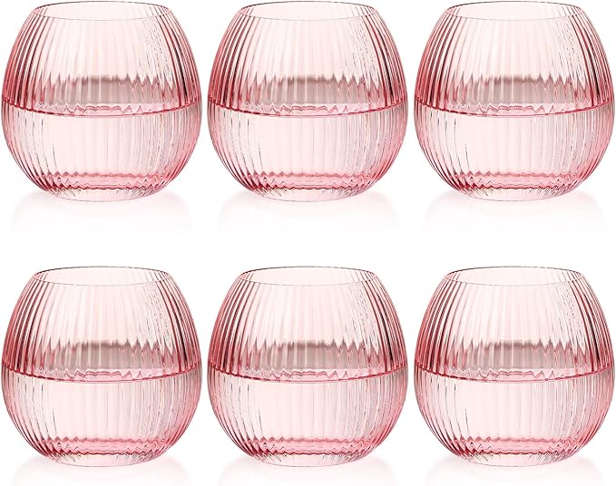 JOVGANK Pink Ribbed Drinking Glasses Set of 6-10.8 OZ Stemless Wine Champagne Whiskey Cocktail Glass, Reusable Wine Cups for Home Party Wedding Bar