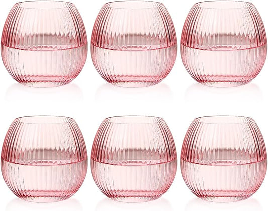 JOVGANK Pink Ribbed Drinking Glasses Set of 6-10.8 OZ Stemless Wine Champagne Whiskey Cocktail Glass, Reusable Wine Cups for Home Party Wedding Bar