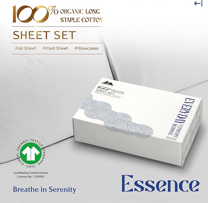 Mayfair Linen 100% Organic Cotton Sheets Cal King Size - 4 PC Organic Cotton Cal King Percale Weave Sheet Set, Soft, Cooling, Crisp, 16" Deep Pocket Hotel Quality Bedding Set - Light Grey