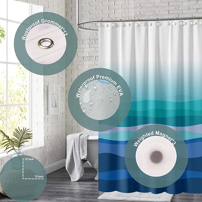 Plastic Shower Curtain Liner, Premium EVA 5G Wave Shower Curtain, Shower Curtains for Bathroom with 3 Magnetic Weights and Rustproof Grommets (Blue-Green Wave, 72x72 in)