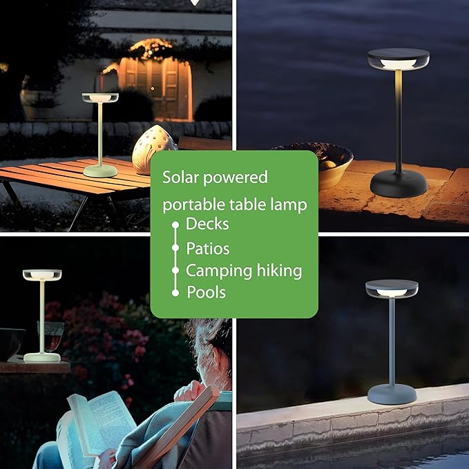Cocktail Style Solar Table Lamp - Cordless LED Light with USB-C Charging, Dimmable Warm 2700K Glow, Weather Resistant for Indoor/Outdoor Use - Black, 1 Pack
