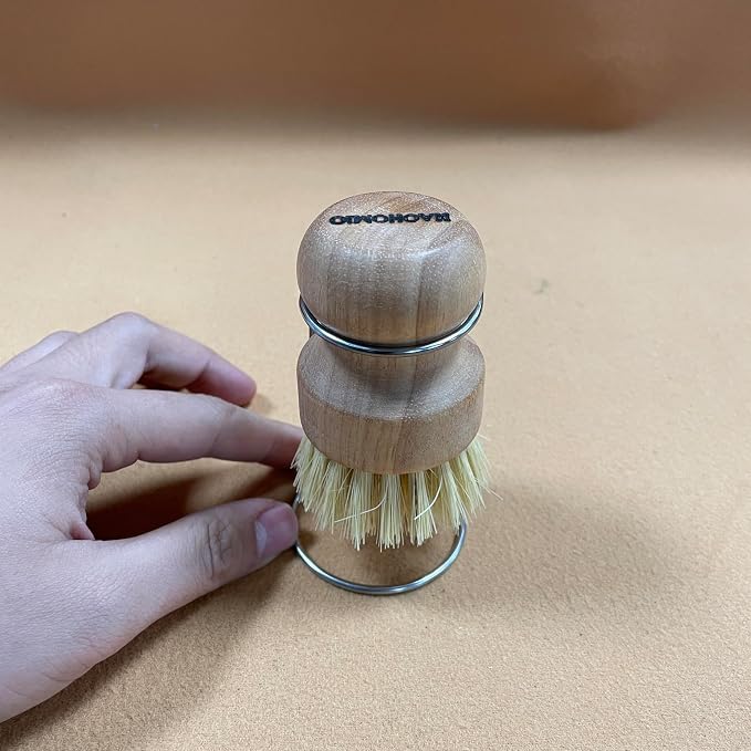 Natural Wooden Dish Brush Set with Drying Stand - Eco-Friendly Palm & Sisal Scrubber for Pots, Pans, Dishes, Kitchen Sink, Vegetables - Short Handle Pot Brush Cleaning Kit