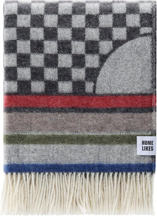 JJ Textile Geometric Throw New Wool & Recycled Merino Sheep Wool- Soft & Cosy with a Reversible Design - Sustainable Throw for Bed, Sofa & Home Decor - Large Blanket 190cm x 130cm.