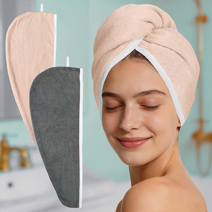VOOVA & MOVAS Gray & Pink Microfiber Hair Towel, 2-Pack Non-Button Elastic Loop Hair Turban, Velvety Soft Anti Frizz Hair Wrap, High Water Absorption Cut Blow-Dry Time