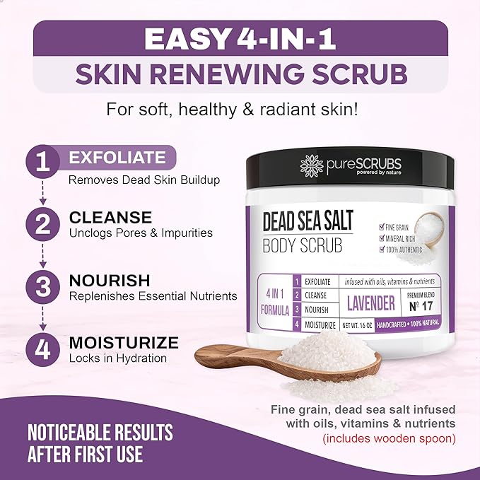 pureSCRUBS Premium Lavender Body Scrub Set - Large 16oz Dead Sea Salt Body Scrub With Infused Essential Oils & Nutrients, Includes Wooden Spoon, Loofah & Oatmeal Exfoliating Bar Soap