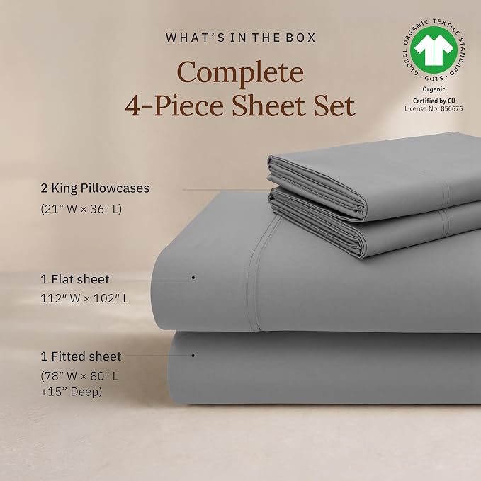 California Design Den 100% Organic Cotton Bed Sheets King Size Set - Soft and Lightweight Sateen, Deep Pockets, Durable Bedding - Grey