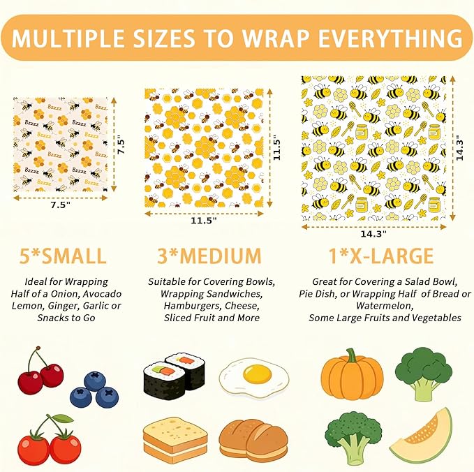 Reusable Beeswax Wraps, 9 Pack For Sandwich, Bread, Fruit, Bowl, Organic, Sustainable, Zero Waste, Plastic-Free, Eco-Friendly Food Storage, 1XL, 3M, 5S, Bee and Honeycomb Pattern