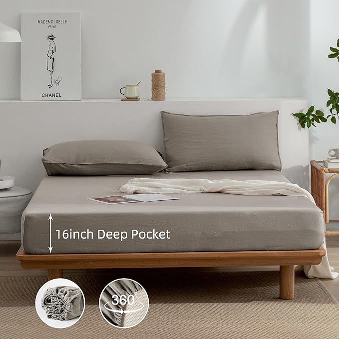 EVERLY Linen Twin Size Sheets Set,100% French Washed Pure Linen Bed Sheets Deep Pocket Sheets,3Pieces(1Flat Sheet,1Fitted Sheet,1Pillowcase) Suitable for Hot Sleepers,180GSM Natural Linen Bedding Set
