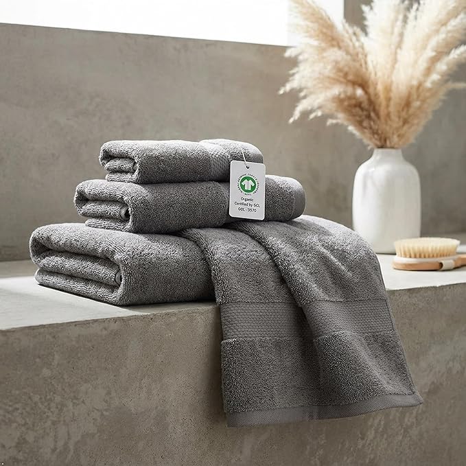 Farm to Home 100% Organic Bath Towel Set of 6 – GOTS & Oeko-TEX Certified Organic Cotton, Soft, Ultra Absorbent, Quick Dry - Includes 2 Bath Towels, 2 Hand Towels, 2 Washcloths - Stone