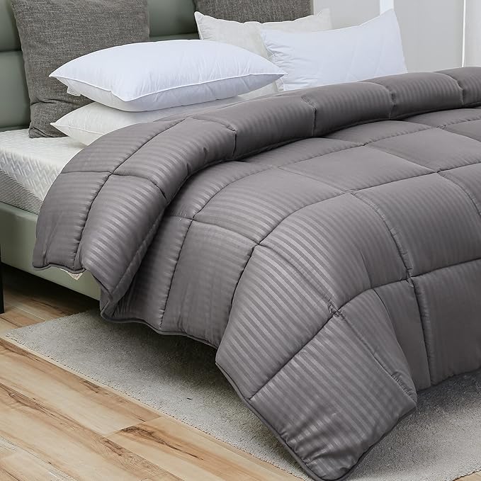 Dorrin Nessin Down Alternative Comforter All Season Duvet Insert(Grey Stripe, Twin)-Ultra Soft Double Brushed Microfiber Quilt Cover, Box Stitched 90x90 Comforter with Corner Tabs