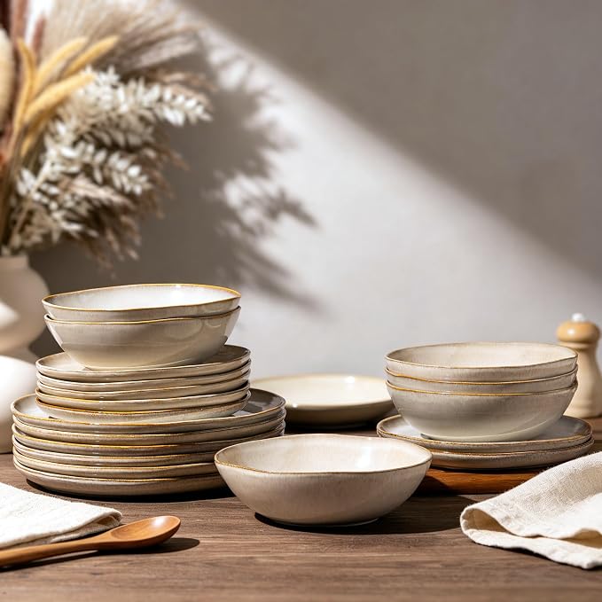 AmorArc Ceramic Dinnerware Sets,Handmade Reactive Glaze Stoneware Plates and Bowls Sets,Highly Scratch Resistant | Dishwasher & Microwave Safe Dishes Set,Service for 4 (12pc)