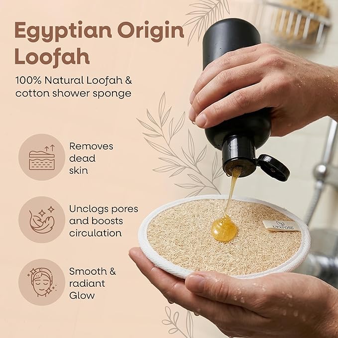 L'Exfose Organic Natural Loofah Body Scrubber for Shower – Dual Sided Egyptian Fiber Plastic Free Loofah – Quick Dry Natural Body Scrubber with Sisal Soap Saver Bag – Minimal Spa Gift for Men Women