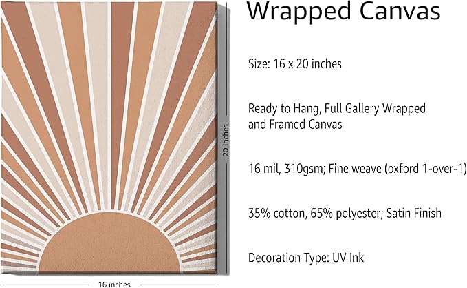 Boho Rising Sun Wrapped Canvas Wall Art Sunburst Rays Earth Tones Terracotta 16x20 Inch Gallery Stretched Minimalist Modern Home Art Decor