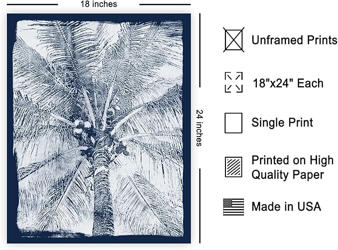 Monem Art Coastal Palm Tree Cyanotype Print - Blue and White Tropical Botanical Art Poster - Wall Decor for Beach House, Bedroom or Living Room - 18x24 Unframed Wall Art by Renee Stramel