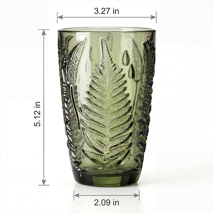 Green Drinking Glasses Set of 8, 12 oz Vintage Hand-Pressed Glass Cups, Fern Textured Highball Tumblers, Antique Style Boho Glassware for Water, Juice, Cocktails & Mocktails, Housewarming Gift Set