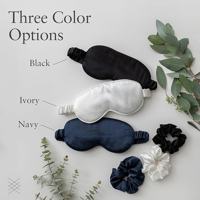 Zestt Organics Silk Sleep Mask Set, 100% Mulberry Silk Eye Mask for Women with Hair Scrunchie & Matching Carry Bag (Black)
