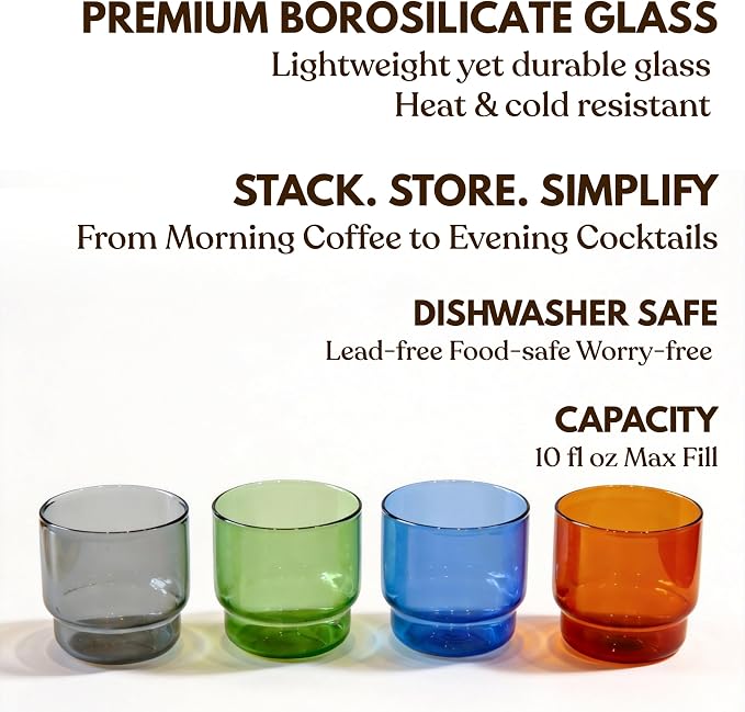 Bodega Glasses Set, Stackable Short Glasses 4-piece | Built-in Color Borosilicate Glass Dishwasher Safe