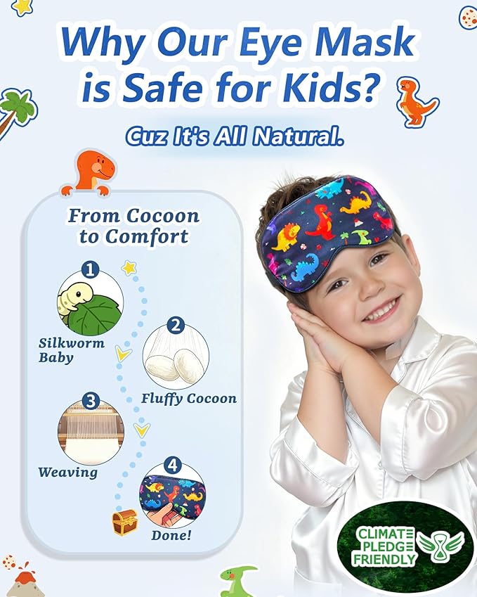 BeeVines Kids 100% Real Mulberry Silk Sleep Mask 2 Pack, Original Design Pure Silk Sleeping Eye Masks for Boys, Skin-Friendly Blackout Eye Cover, Adjustable Strap, Reduce Puffy Eyes, for Travel Gifts