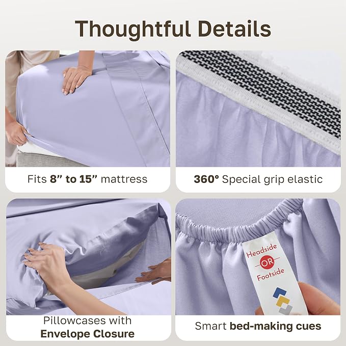California Design Den Queen Size Bed Sheets - Soft 100% Percale Cotton Sheets with Deep Pockets, Crisp Percale, Breathable and Durable Bedding Set - Lavender Mist