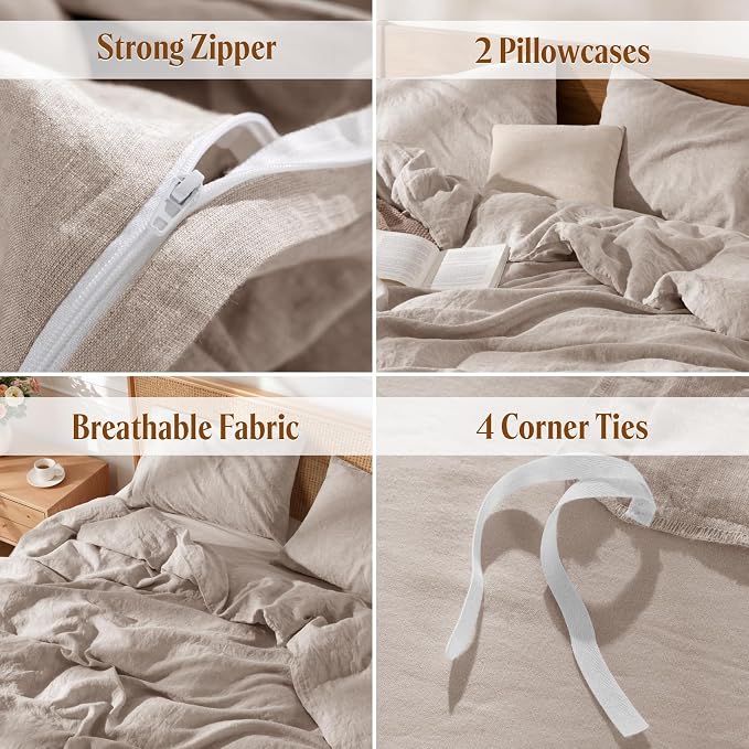 LBRO2M 100% France Linen Duvet Cover Set 3 Pcs Including 1 Flax Comforter Cover with Zipper Closure, 2 Pillowcase, Cozy Duvet Cover King Size, Linen Color