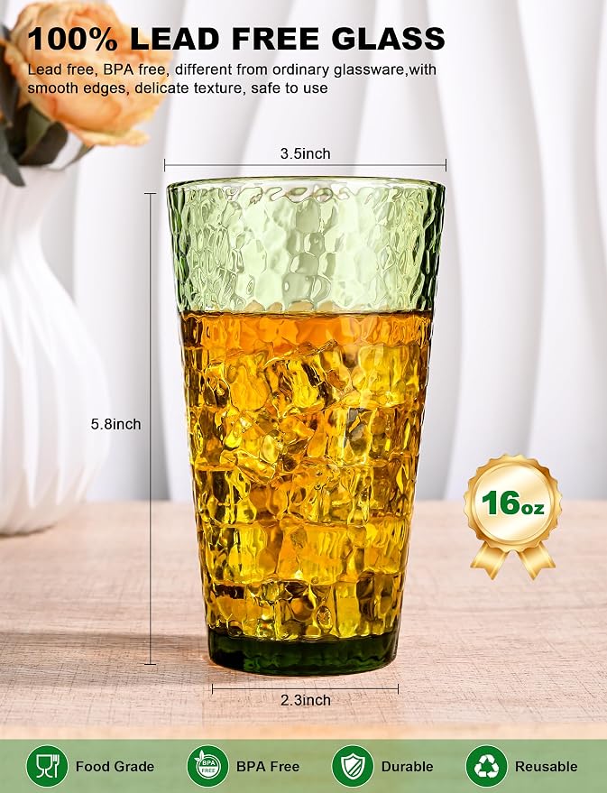 Amyoole Drinking Glasses Set of 8,16oz Green Highball Water Glasses,Stackable Lead-Free Hammered Glass Cups,Kitchen Drinkware Glassware for Cocktail,Beer,Juice,Iced Tea,Margaritas and Mixed Drinks