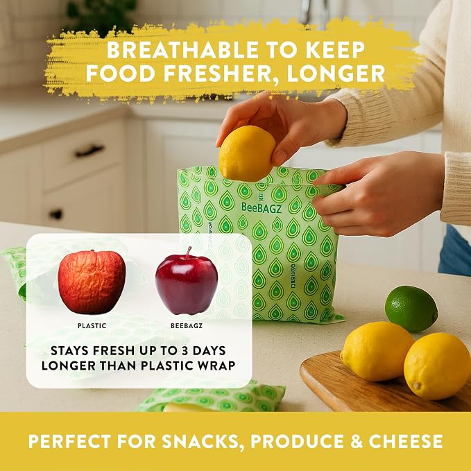BeeBAGZ - Beeswax Wrap Storage Bag, Reusable Food Storage Bags, Pack of 3, Plastic Free Biodegradable Food Wrap Alternative, Starter Pack, 1 Small + 1 Medium + 1 Large, (Green)