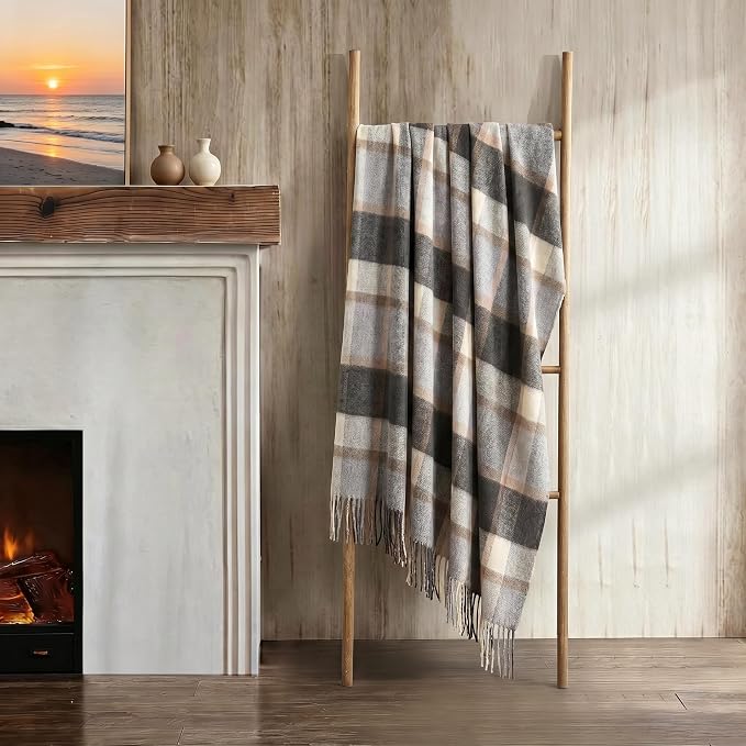 100% Wool Blanket Throw,Gray Plaid Wool Blanket with Compact Bag,Rustic Soft Lightweight Blanket for Couch,Sofa,Bed & Lounging Decoration, Warm Travel Blanket for Home, Airplane,Ideal Gifts 55"x83"