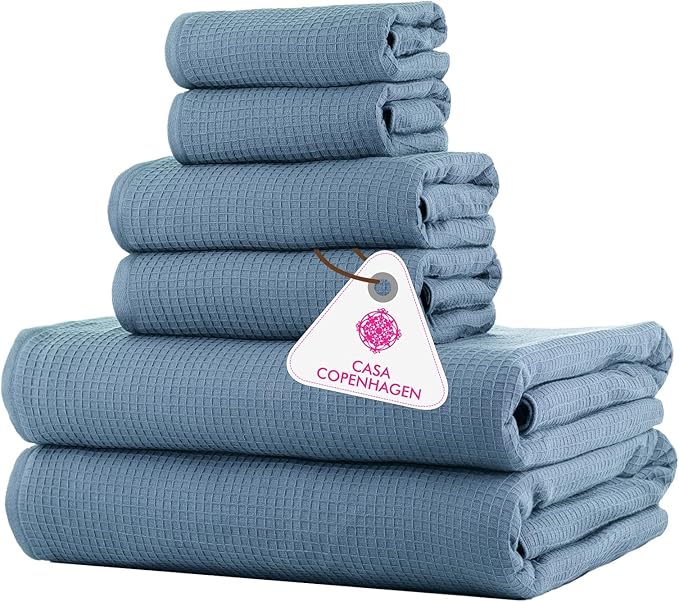CASA COPENHAGEN Waffle 6Pcs 100% Egyptian Cotton Large Designer Towels Gift Set- Dusty Blue, 2Bath 2Hand 2Washcloths, Bath Towels for Bathroom (Box Pack, Set for Women & Men)